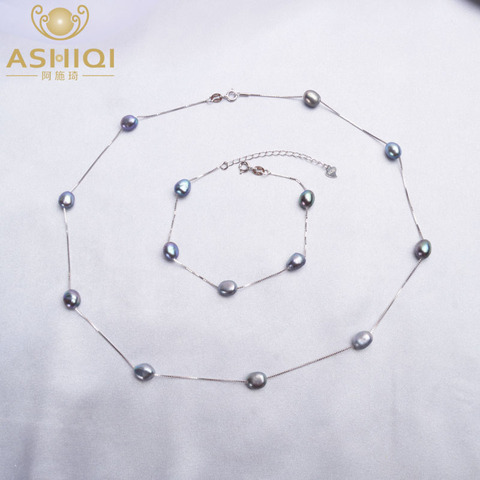 ASHIQI naturel Baroque collier de perles Bracelet avec 925 chaîne en argent Sterling 6-7mm perle d'eau douce ensembles de bijoux pour les femmes ► Photo 1/6
