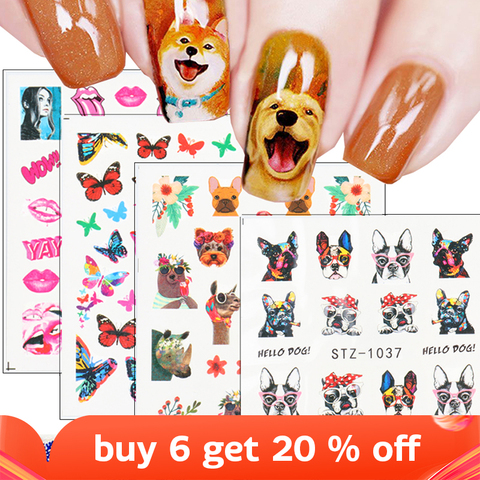 1 pièces eau ongles autocollants décalcomanie mignon chien fleur lettre papillon feuille transfert Nail Art curseur manucure feuille décor SASTZ1034-1049 ► Photo 1/6