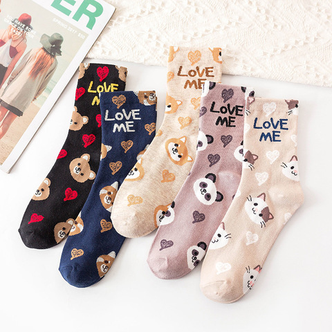 Chaussettes à motifs d'animaux de dessin animé pour femmes, mignonnes, originales, décontractées, en coton, Style collège, Joker, confortables ► Photo 1/6