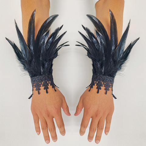 Manchettes de poignet en plumes de coq, 2 pièces, en dentelle, noir, vraie plume naturelle teinte, chauffe-bras, accessoire de Costume Cosplay de fête, gants en plumes ► Photo 1/6