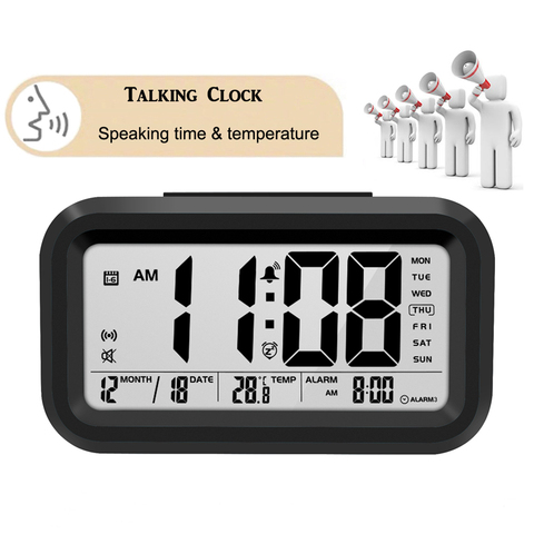 Horloge parlante temps de parole et température réveil Snooze numérique avec thermomètre calendrier rétro-éclairage ► Photo 1/6