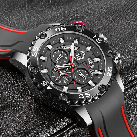 Montres hommes 2022 LIGE haut marque étanche horloge mâle Silicone bracelet Sport Quartz montre pour hommes grand cadran chronographe montre-bracelet ► Photo 1/6