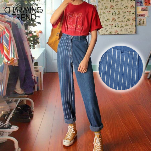 Charmant-pantalon en jean Vintage à rayures pour femmes, coupe droite, taille haute, en tissu denim bleu, chic girl, collection décontracté ► Photo 1/6