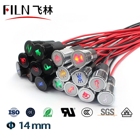 FILN – indicateur lumineux led avec coque noire, 14mm, rouge, jaune, bleu, vert, symbole de voiture, 12v, avec câble de 20cm ► Photo 1/6