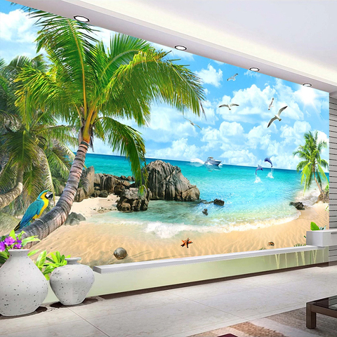 Photo murale 3D sur mesure, paysage de plage, arrière-plan TV, Design Mural, décoration murale de salon, papier peint pour murs de chambre à coucher ► Photo 1/6