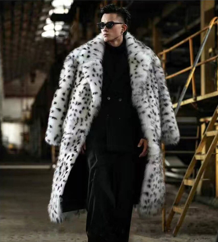 Manteau de costume long en fourrure imprimé léopard pour homme, col intégré, imitation fourrure de renard, tendance, chaud, hiver ► Photo 1/6