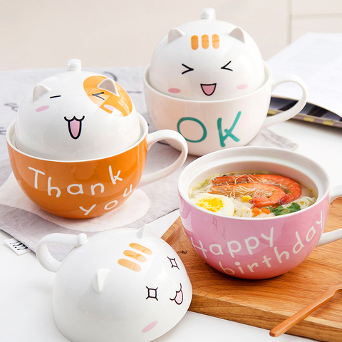 Bol Ramen instantané en céramique avec couvercle, motif de chat Kawaii pour nouilles de dessin animé, bol à soupe, salade de fruits, vaisselle de cuisine Anti-brûlure ► Photo 1/6