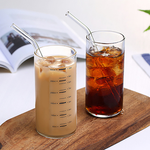 Tasse en verre Transparent créatif tasses à mesurer lait yaourt café tasse à thé avec échelle Durable thé jus tasse avec paille 300ml ► Photo 1/6