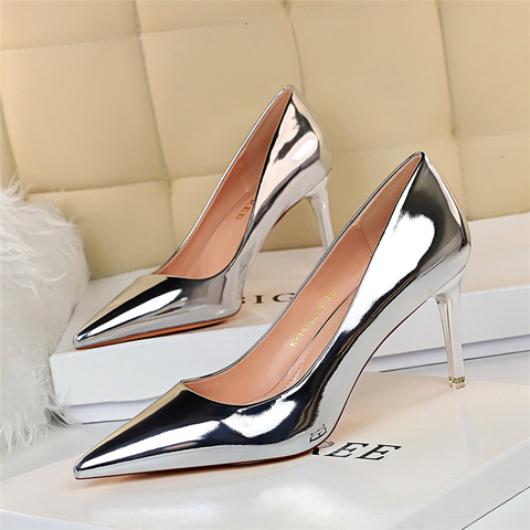 Mode femmes en cuir verni peu profond mince talons hauts chaussures bout pointu or argent talons pompes femme Tacones Mujer grande taille ► Photo 1/6