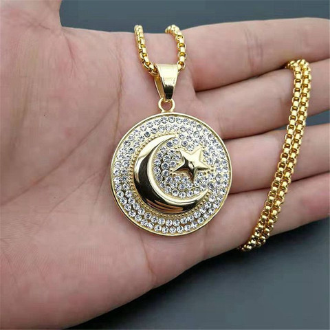 Pendentif en lune et étoile pour les musulmans, collier rond en acier inoxydable, Hip-Hop, bijoux islamiques pour femmes et hommes, livraison directe ► Photo 1/4