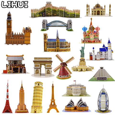 Jouets pour enfants, Puzzle de construction 3D en papier, Souvenir du monde, maison blanche, tour Eiffel, cadeaux pour enfants, bricolage éducatif ► Photo 1/6