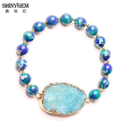 ShinyGem 8mm Pierre Naturelle Bracelets Bleu Vert Mer Sédiments Jaspers Perle Bracelet Main Strass Druzy Bracelets Pour Les Femmes ► Photo 1/6