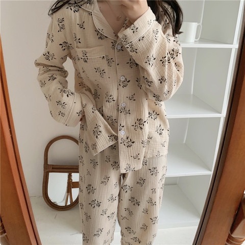 Ensemble pyjama en coton doux, vintage, abricot, rose, fleurs, printemps, automne, vêtements de maison, manches longues, haut, pantalon, ensemble de nuit, Y146 ► Photo 1/6