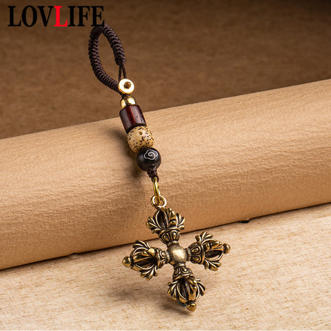 Rétro cuivre croix Vajra porte-clés pendentif bijoux à la main Braied corde avec des perles en bois longe religieuse suspendus pour porte-clés ► Photo 1/6