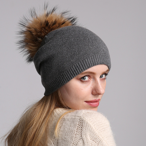 Bonnet en laine tricotée pour femmes | Bonnet, bonnet d'hiver, bonnet décontracté pour femmes, bonnet en vraie fourrure de raton laveur ► Photo 1/6