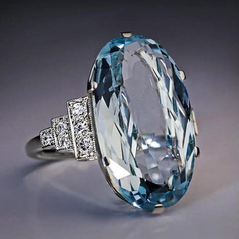 Huitan femme lumière bleu ciel bague de mariage Solitaire bande ovale pierre engager parti femmes bijoux de luxe briller CZ pierre meilleur cadeau ► Photo 1/6