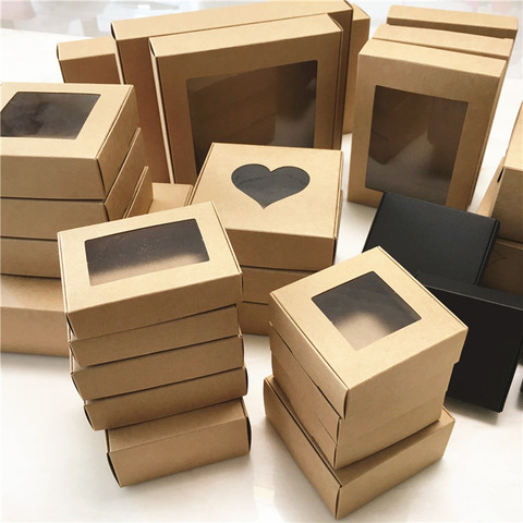 Boîte cadeau pour petites attentions de mariage, coffret avec fenêtres en papier Kraft à biscuits et bonbons en PVC, fournitures pour fête d'anniversaire, boîte d'emballage, 50pcs ► Photo 1/6