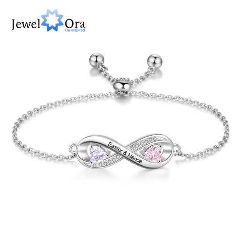 Bijouora-Bracelet personnalisé avec nom gravé Infinity, 2 pierres de naissance, chaîne ajustable en zircone Bracelets pour femme ► Photo 1/6