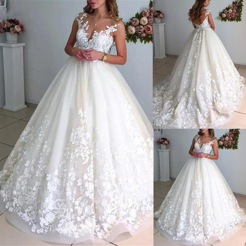 Élégant robe De bal robes De mariée 2022 encolure dégagée sans manches dos ouvert exquis dentelle Appliques robes De mariée Vestido De Noiva ► Photo 1/6