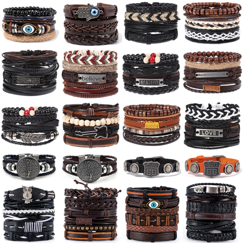 Bracelet multicouche en cuir et bois pour hommes, 40 Styles, Vintage, tressé, fait à la main, en corde, étoile ► Photo 1/6