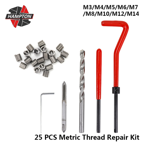 Kit de réparation de filetage métrique 25 pièces M3/M4/M5/M6/M7/M8/M10/M12/M14 Inserts de filetage pour restaurer les outils de réparation de fils endommagés ► Photo 1/6