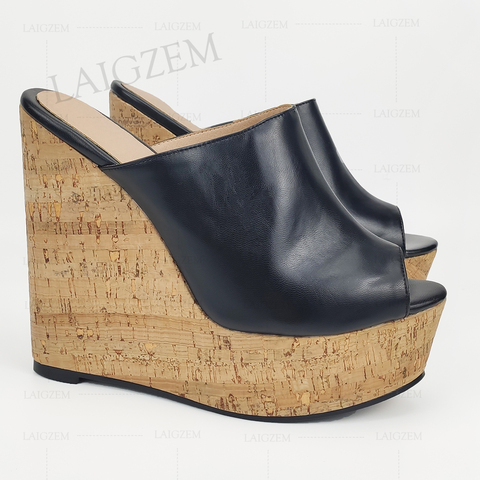 LAIGZEM femmes sandales liège plateforme compensées Mules sans lacet talons hauts Sandalias de Verano Sapato escarpins Feminino grande taille 41 44 52 ► Photo 1/6