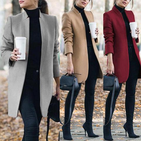 Vestes de bureau pour femmes, mélange de couleur unie, col montant, veste en laine, manteau Long, Cardigan grande taille, automne hiver ► Photo 1/6