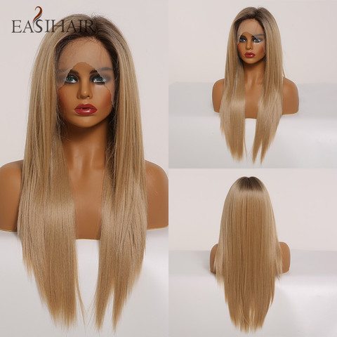 Perruque Lace Front Wig synthétique lisse Blonde haute densité, perruque naturelle résistante à la chaleur avec Baby Hair pour femmes ► Photo 1/6