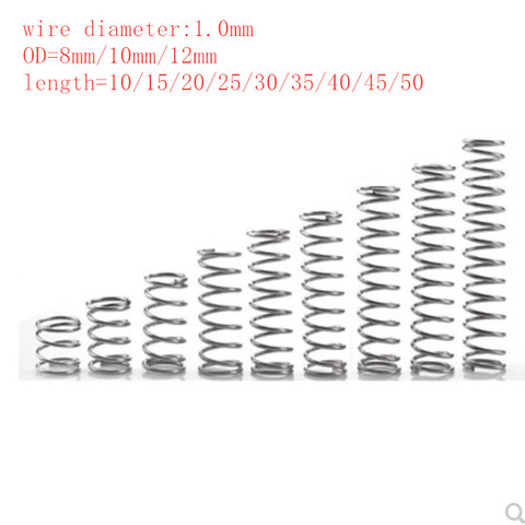 Micro petits ressorts de Compression en acier inoxydable, 1.0mm, diamètre extérieur 8mm/10mm/12mm, longueur 15mm à 50mm, 10 pièces/lot ► Photo 1/1