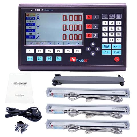 Système de lecture numérique DRO complet pour tour 3 axes avec écran LCD, capteur/encodeur avec 3 échelles linéaires verre 0-1000mm YH800-3 ► Photo 1/6