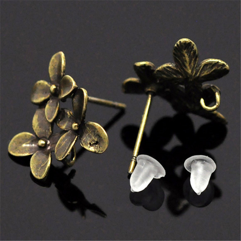 Doreen Box Antique Bronze fleur boucle d'oreille poteau avec bouchons boucle cuivre 15x14mm boucle d'oreille pour femmes bijoux cadeaux, 5 paires ► Photo 1/3