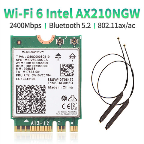 Double bande WI-FI 6E Intel AX210 Bluetooth 5.2 3000Mbps M.2 carte sans fil AX210NGW 2.4Ghz/5G/6G 802.11ax Wifi 6 avec antenne ► Photo 1/6