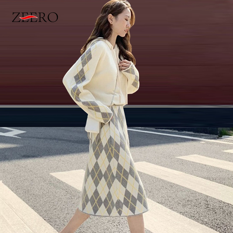 Hiver 2 Pièces Ensemble Femmes Tricoté À Capuche Lâche Pull + Plaid Mini Jupes Ensembles Automne Pull Costume Deux Pièces Grande Taille ► Photo 1/6