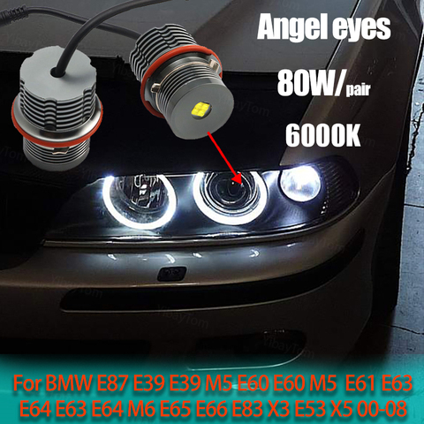 2 pièces lumineux 80W LED yeux d'ange marqueur lumières ampoules lampe pour BMW E87 E39 M5 E60 E61 E63 E64 M6 E65 E66 E83 X3 E53 X5 2000-2008 ► Photo 1/6