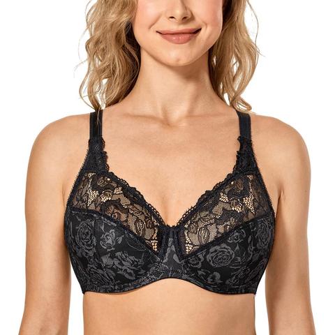 Femmes couverture complète Jacquard Non rembourré dentelle pure à armatures grande taille soutien-gorge 34-44 DD E F G H ► Photo 1/6