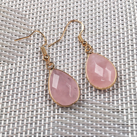 Boucles d'oreilles en pierre naturelle, bijoux exquis, faits à la main, en forme de goutte d'eau, quartz Rose, pour femmes ► Photo 1/5