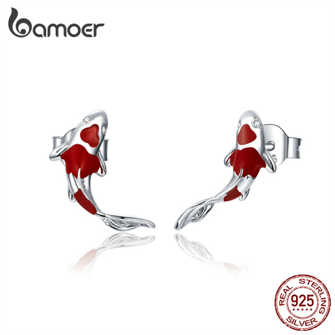 Bamoer poisson rouge émail boucles d'oreilles pour les femmes 925 en argent Sterling printemps Koi oreille goujons Festival argent bijoux de mode SCE812 ► Photo 1/6