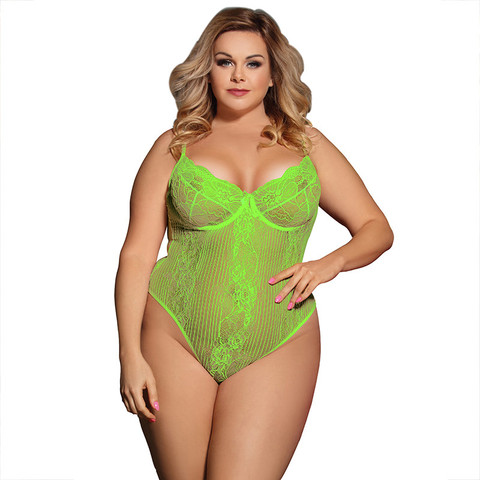 Combinaison en dentelle néon, Body Transparent, grande taille, 3XL, 5XL, noir, tendance, Streetwear, Sexy pour femmes, RS80536 ► Photo 1/6