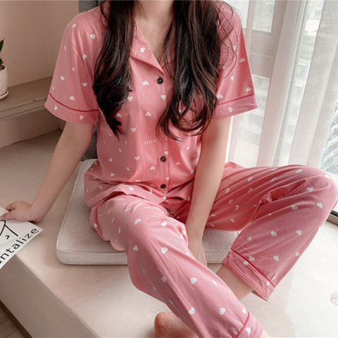 Pyjama à manches courtes et pantalon long pour femme, ensemble en coton, vêtements de nuit, dessin animé, mignon, 15 styles, nouvelle collection ► Photo 1/6