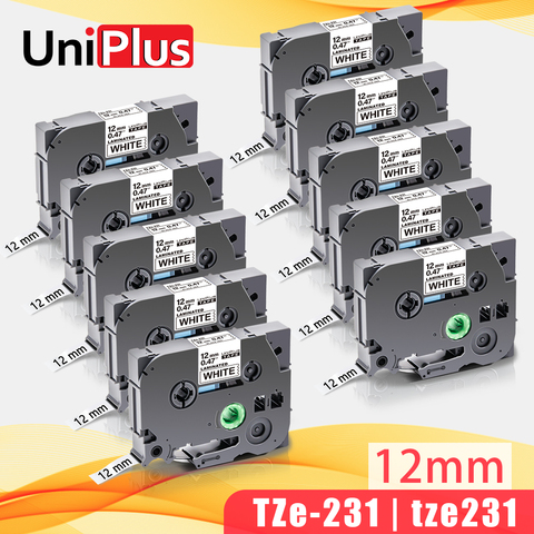 UniPlus 10PK TZe-231 tze 231 tz231 bandes d'étiquettes 12mm imprimante d'étiquettes Brother p-touch noir sur blanc tze231 étiqueteuse PT h110 ► Photo 1/6