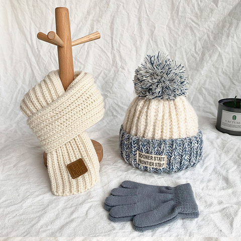 Ensemble de gants, écharpe et chapeau pour bébé, en laine chaude pour enfants, enveloppe de cou, garçons et filles, jolis chapeaux et écharpes en laine tricotés, automne et hiver ► Photo 1/6