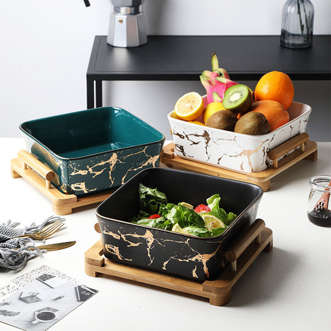 Bol à salade de fruits carré en céramique noir/blanc, motif de marbre européen créatif, décoration de la maison, vaisselle de cuisine, assiette à collation de fruits ► Photo 1/6