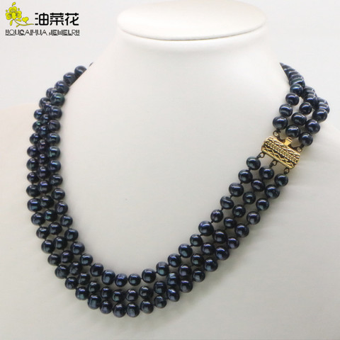 Collier de perles d'akoya noir 3 rangées 7-8MM pour femme, joli bijou à la mode, cadeau fait à la main, AAA ► Photo 1/5