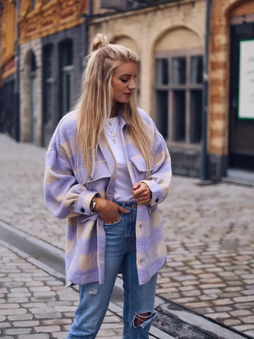 Veste en laine à carreaux pour femmes, élégante, avec poches à la mode, col rabattu, veste à carreaux, mignon, manteau Chic, Streetwear ► Photo 1/6