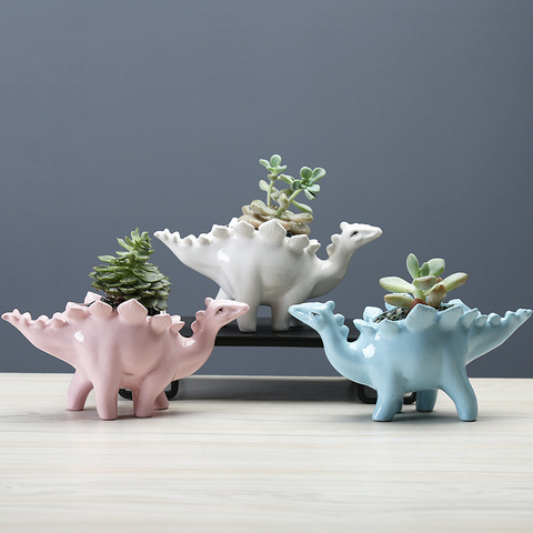 Pot de fleurs de stégosaure en céramique dinosaure créatif avec plateau pour Pot de plantes succulentes, décoration de bureau pour la maison et le jardin ► Photo 1/6