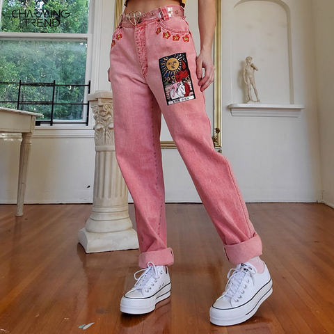 Vintage rose femmes jean pantalon taille moyenne soleil étoile motif jeune fille Denim pantalon été automne femme mignon jean dessin animé ► Photo 1/6