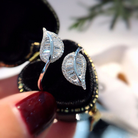 Bague réglable de feuille de couleur argentée mignonne avec la pierre de Zircon de Bling pour des bijoux de fiançailles de mariage de mode de femmes ► Photo 1/5