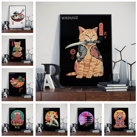 Affiche sur toile de chat Ramen, samouraï japonais, nostalgie, décoration artistique, qualité HD, peinture animale, M695 ► Photo 1/6