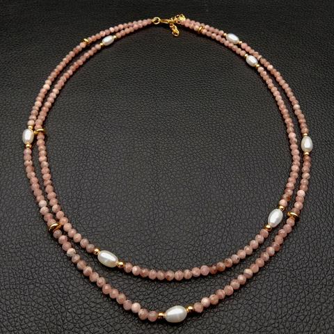 Collier de perles de riz blanc de culture Rhodochrosite rose rond à facettes naturelles 2 rangées 17