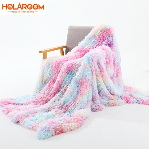 Couverture d'ouatine de corail d'arc-en-ciel couvertures en peluche Super douces couverture de coussin colorée fourrure floue chaude couverture de canapé confortable pour l'hiver ► Photo 1/6